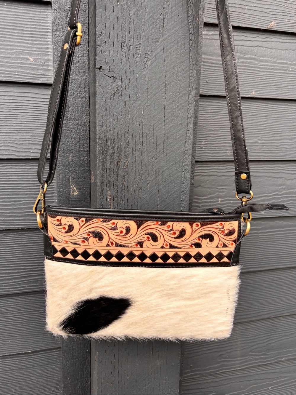 Leather & Hair-on Hide Crossbody Bag in Black and Natural